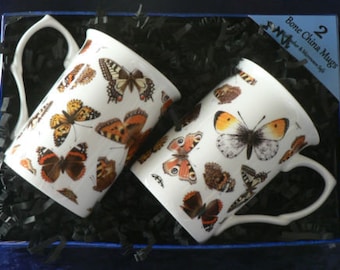 Butterfly mug gift set 2 x bone china mugs with butterfly print in black gift box