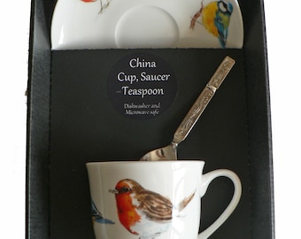 Garden Birds cup and saucer set,boxed bone china gift boxed set wtih teaspoon