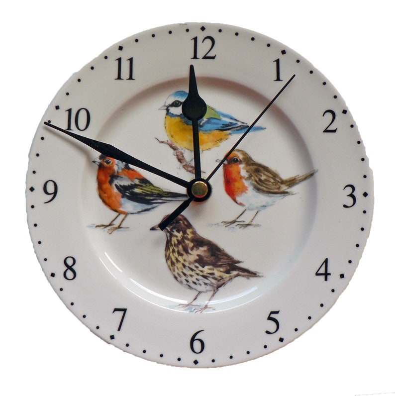 Pu&ograve; includere: Un orologio in ceramica bianca con lancette nere e numeri romani per le ore. Il quadrante dell'orologio presenta un disegno di quattro uccelli: una cincia azzurra, un pettirosso, un tordo e un scricciolo. L'orologio ha un diametro di 30 cm.