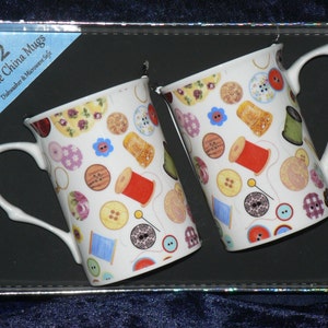 Sewing chintz bone china mugs- Set of two bone china mugs gift boxed