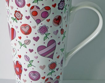 Pink & red love hearts ceramic large latte mug 3/4pt capacity shabby chic design