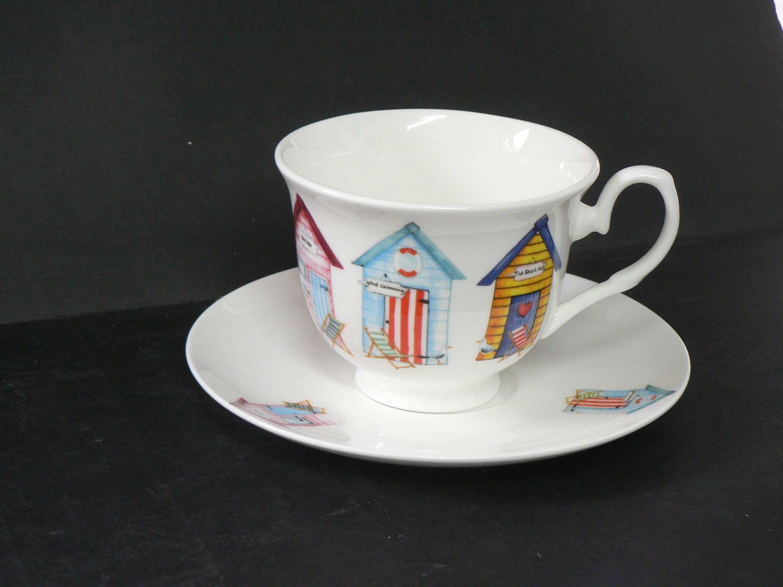 Beach Hut Bone China Mugs - Set Of 6 Gift Boxed 3 Chintz + 3 Rows Of Beach Huts