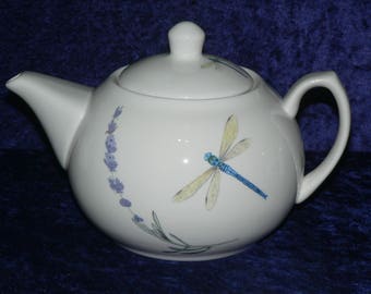 Lavender & dragonfly 2 cup,or 6 cup white porcelain teapot