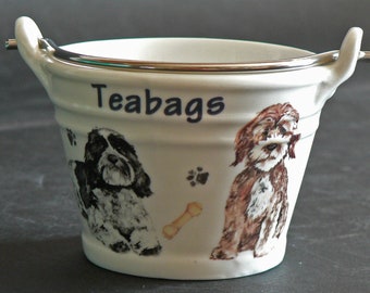 Cockerpoo teabag tidy, bucket shaped -  porcelain bucket shaped teabag tidy