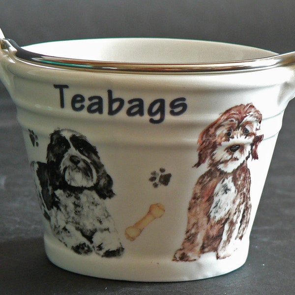 Cockerpoo teabag tidy, bucket shaped -  porcelain bucket shaped teabag tidy