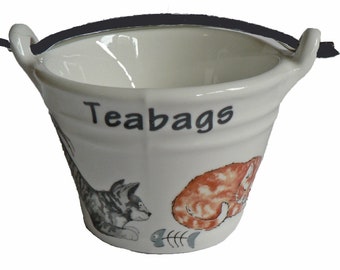 Cats teabag tidy,SMALL porcelain bucket shaped teabag tidy Cats design on Bucket teabag tidy