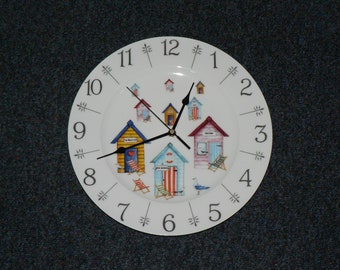 Beach Hut design 10" large ceramic wall clock - gift boxed seaside nautical