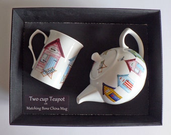 Beach hut 2 cup teapot,with matching bone china mug - gift boxed