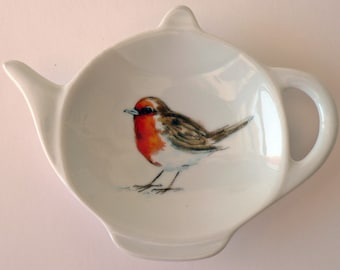 Robin pattern Teabag Tidy - Flat porcelain Teabag Tidy