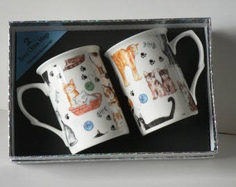 Cat design bone china mugs set of two gift boxed