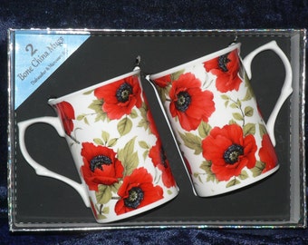 Poppy chintz bone china mugs -Set of two bone china mugs decorated with colourful poppies gift boxed
