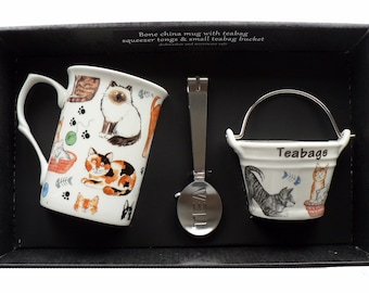 Cats and Kittens Chintz Bone China Mug with Teabag Squeezer Tongs and Teabag Tidy Bucket