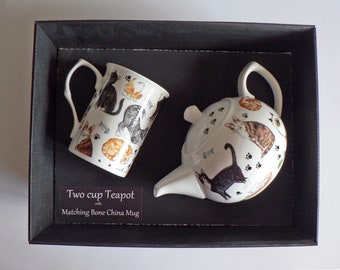 Cats kittens 2 cup teapot and Mug or cup and saucer gift boxed. China mug or cup & saucer and porcelain teapot set