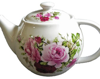 Pink Rose Design one Cup teapot. Ceramic teapot for just 1 Person