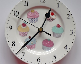 Cupcake clock - colourful fun 11" large ceramic wall clock - gift boxed