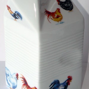 Milk carton shaped jug off white ceramic decorated with chickens, cockerel hens