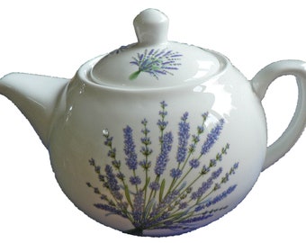 Lavender 2 cup or 6 cup white porcelain teapot - lavender design both sides