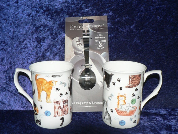Cats bone china mugs x with stainless teabag squeezer tongs gift boxed