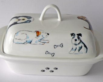 Dogs design traditional deep white butter dish many different breeds