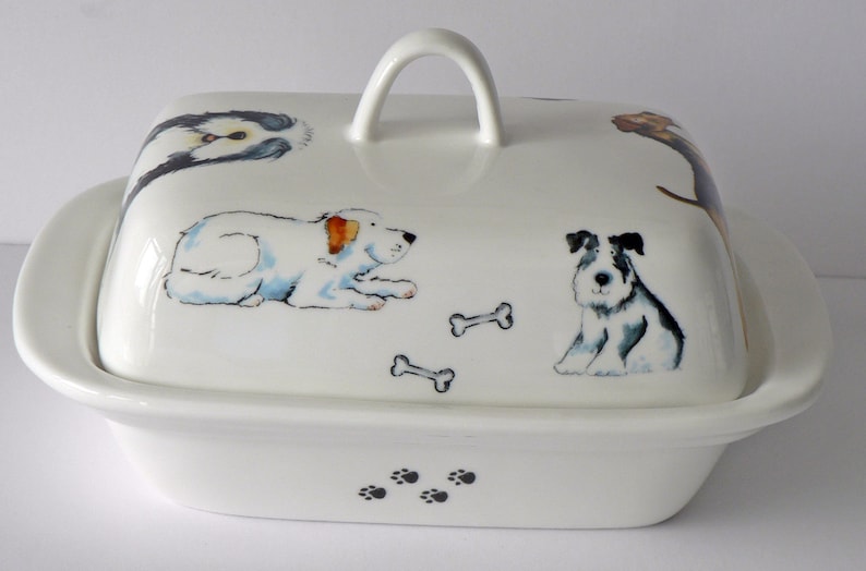 Dogs design traditional deep white butter dish many different Etsy