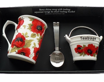 Poppy mug teabag tidy bucket and teabag squeezer tongs gift boxed