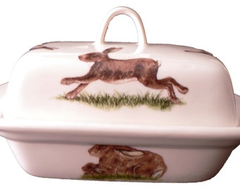 Hares butter dish - Beautiful hares design on white porcelain butter dish decorated on lid and sides
