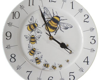 Bees design 11" large ceramic wall clock - gift boxed. Beautiful bright bumble bees