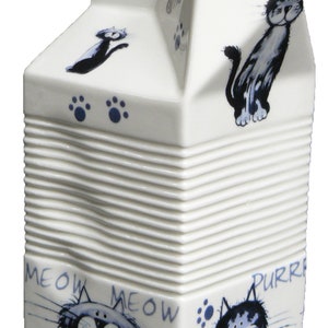 Milk carton shaped jug off white ceramic decorated with fun BLUE cats
