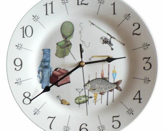 Fishing clock - colourful 10.5" large ceramic wall clock