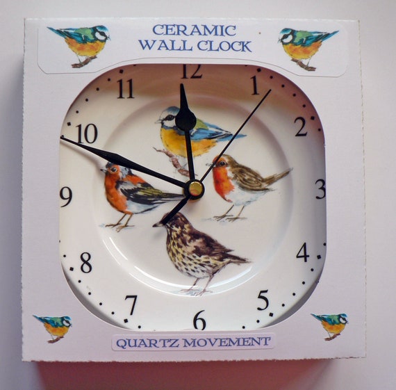 Garden birds Small Ceramic Wall Clock in Gift Box - Robin, bluetit, chaffinch and thrush on 6" Ceramic Wall Clock Gift Boxed