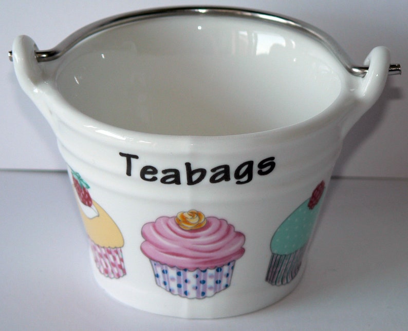 decorated with cupcake fairy cake choice of 2 sizes Cupcake teabag tidy Bucket