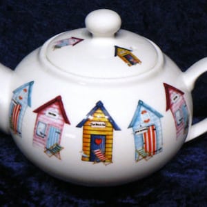 Beach Hut Teapot 2 cup or 6 cup porcelain tepot decorated all round with colourful beach huts