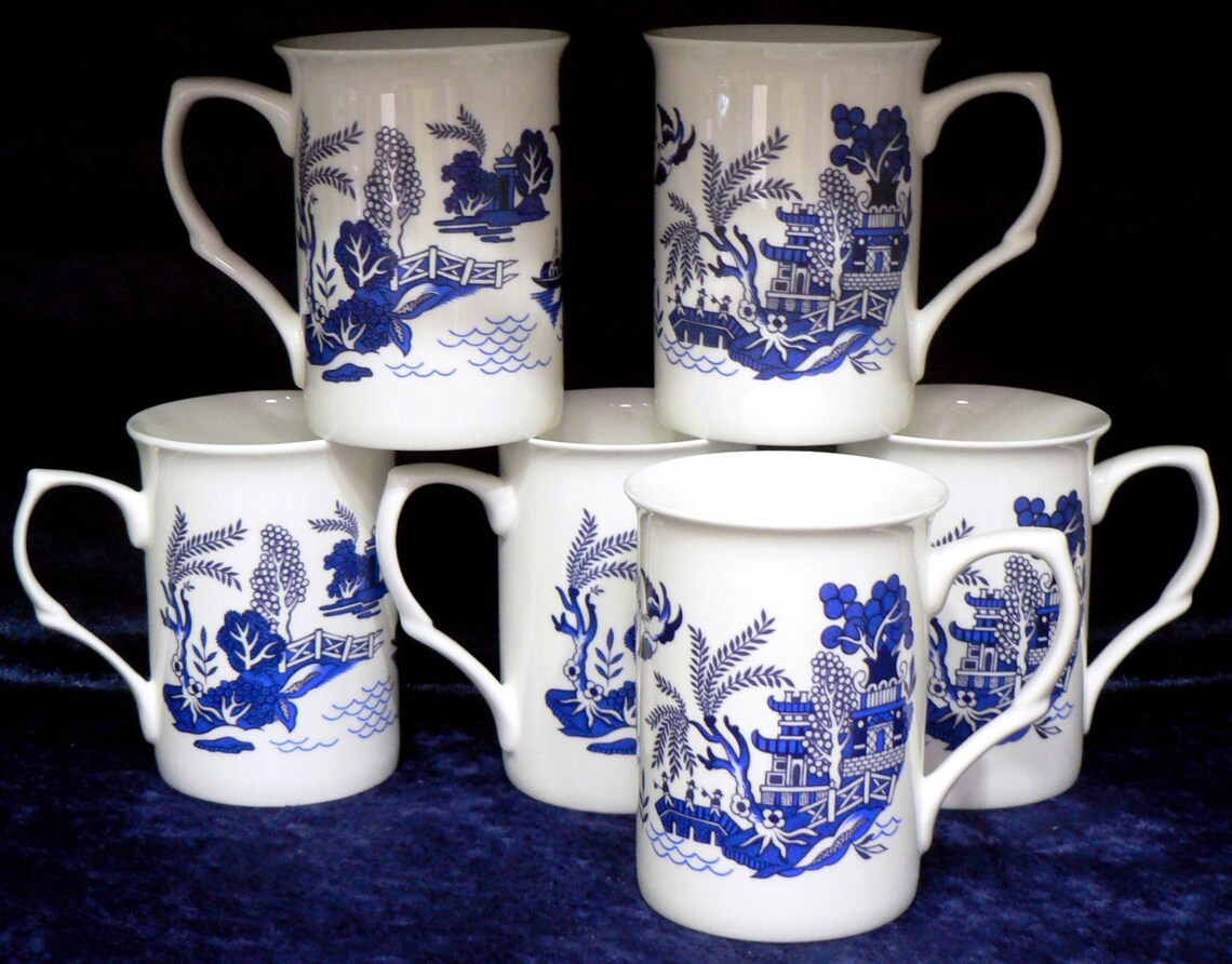 Blue Willow Pattern Bone China Mugs Set of 6 Gift Boxed 10oz Etsy