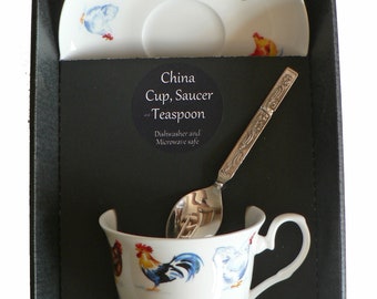 Chicken cup and saucer set,boxed bone china gift boxed set wtih teaspoon