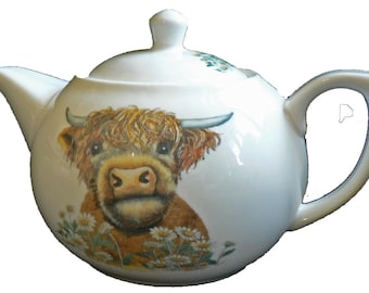HIghland Cow teapot 6 Cup Sizes - Porcelain teapot Decorated with our own cute highland cow image both sides