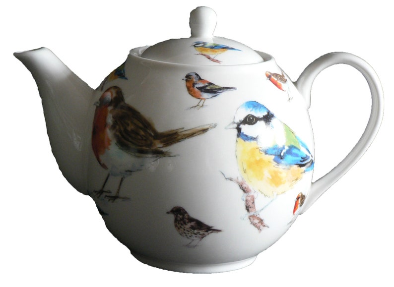 Garden Birds teapot 2 cup or 6 cup teapot decorated allover with popular garden birds Robin, Bluetit.Thrush,Chaffinch image 2