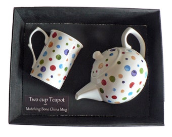 Spots 2 cup teapot,with matching bone china mug - gift boxed