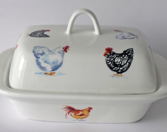 Chicken porcelain deep white butter dish different chickens cockerels hens roosters