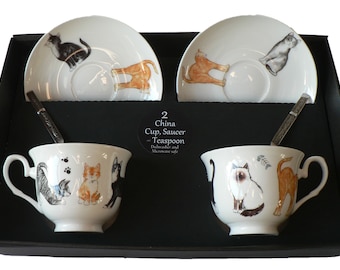 Cats set of 2 cups and saucers gift boxed with teaspoons