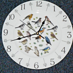 May include: White ceramic clock face with black Roman numeral hour markers and black hands. The clock face is decorated with a variety of colourful birds.