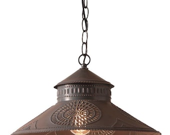 Stockbridge Shade Light Pendant in Kettle Black Punched Tin ,Hand Made ,Farmhouse Lighting