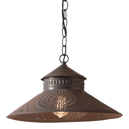 Stockbridge Shade Light Pendant in Kettle Black Punched Tin ,Hand Made ,Farmhouse Lighting