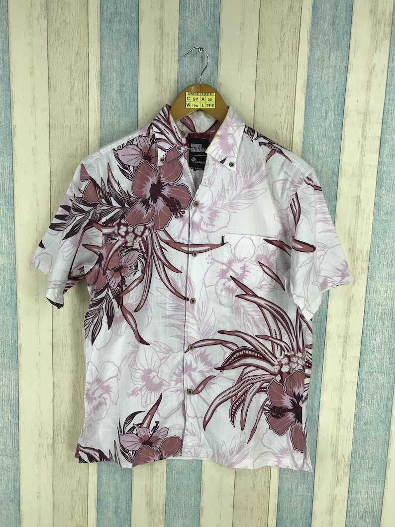 JUNKO SHIMADA Hawaiian Cotton Shirt Men Large Vintage 80/'s Flower Classic Surf Hawaii Tiki Honolulu Hawaiian Floral Button Up Shirt Size L