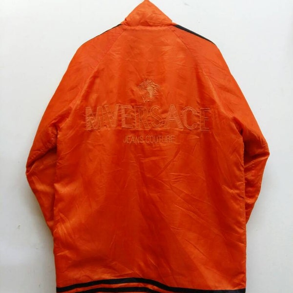 Vintage VERSACE Jeans Jacket Men Large M.Versace Jean Couture Medusa Orange Windbreaker Zipper Jacket Size L