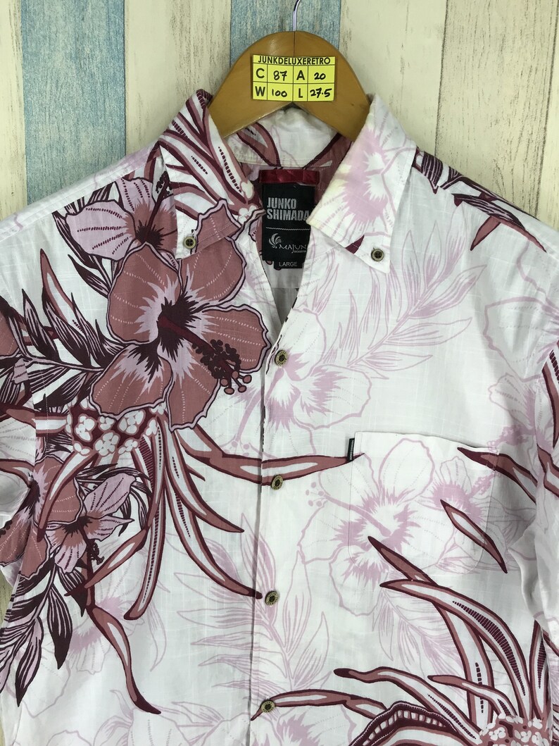 JUNKO SHIMADA Hawaiian Cotton Shirt Men Large Vintage 80/'s Flower Classic Surf Hawaii Tiki Honolulu Hawaiian Floral Button Up Shirt Size L