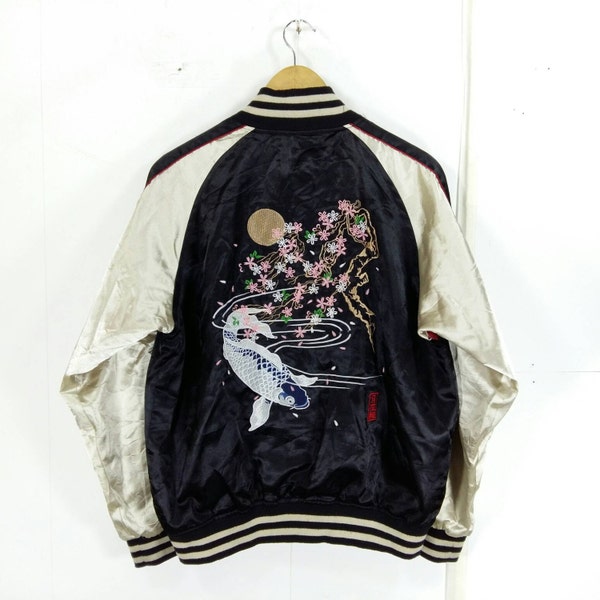 SUKAJAN FISH KOI Souvenir Jacket Women Medium Vintage 1980's Fish Koi Japan Jumper Coat Vintage Sukajan Japan Bomber Satin Jacket Size M