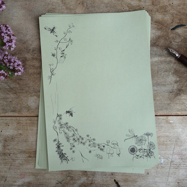 Woodland note paper, recycled paper stationery illustrated with insects and wildflowers. Letter writing supplies.
