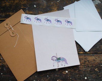 Horse letter writing set. Medieval jousting carousel horse stationery on recycled paper. Perfect gift for a horse or pony lover