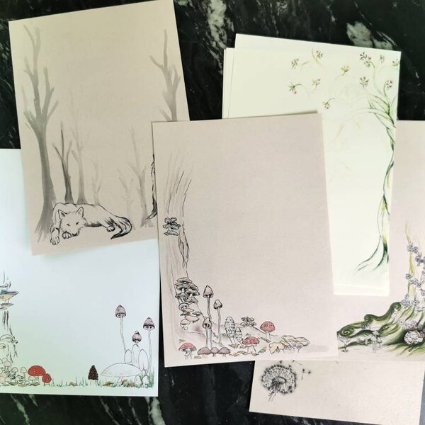 Seconds writing paper nature selection pack, recycled paper stationery illustrated with insects, wildflowers and mushrooms. Goblincore