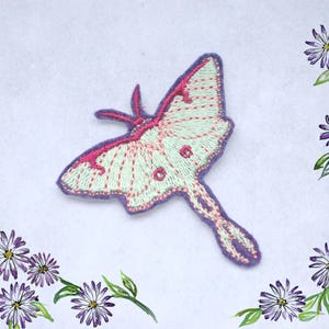 Moon moth sew on patch – handmade applique, machine embroidered.